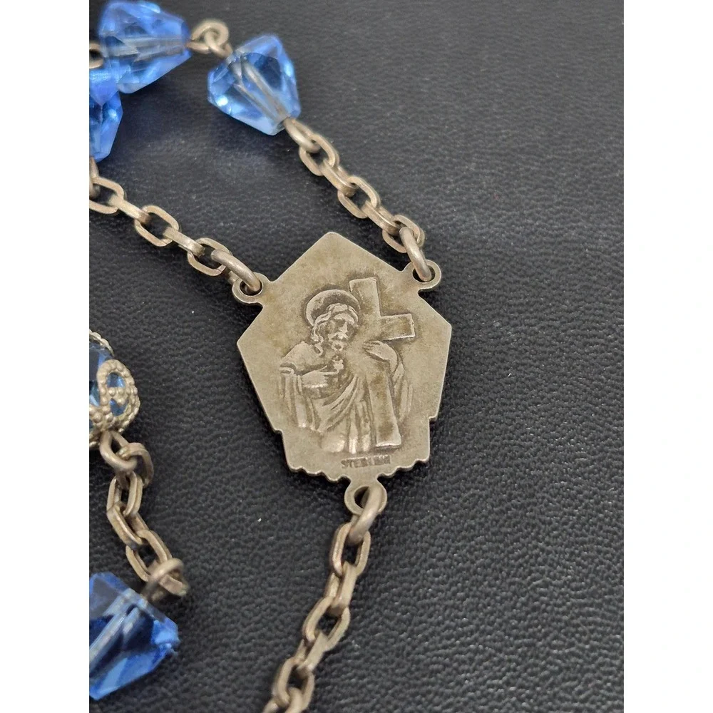 Vintage Rosary Blue Crystal Beads Sterling Silver Crucifix Centerpiece